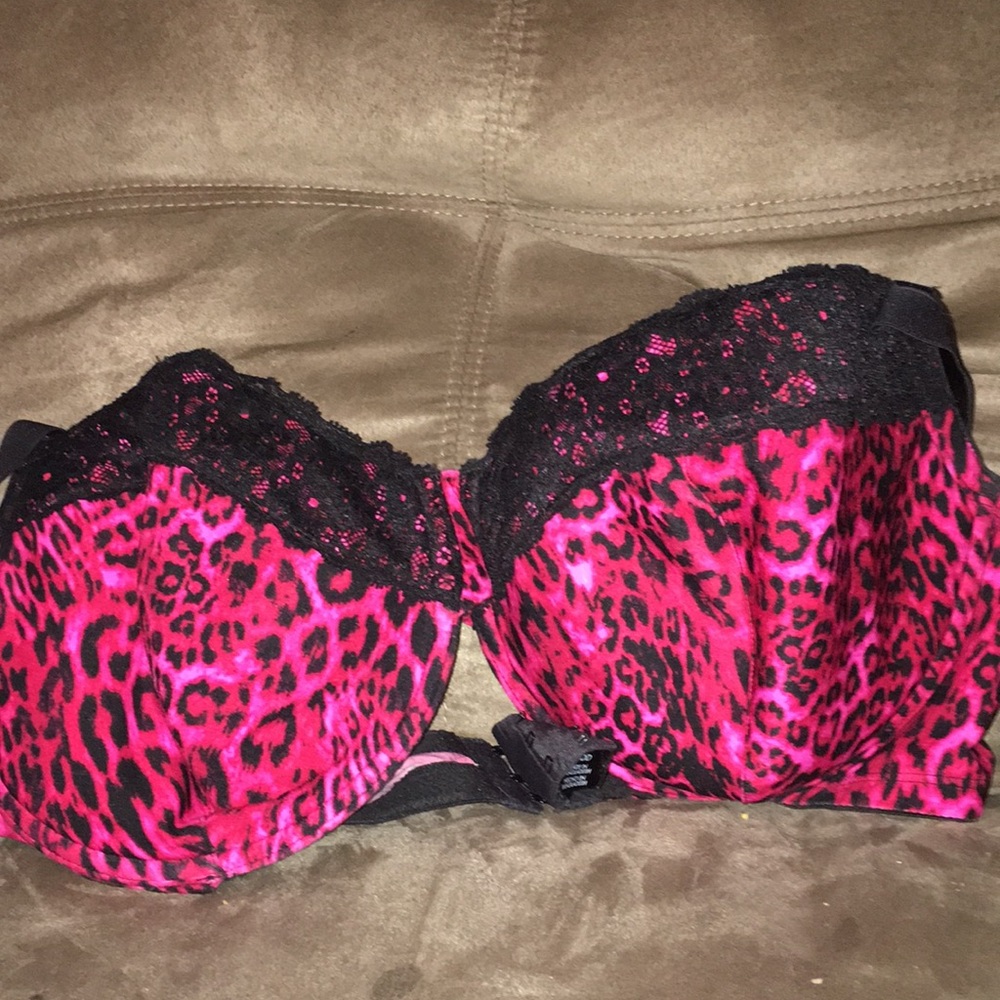 Hot pink leopard print with black lace at top bra